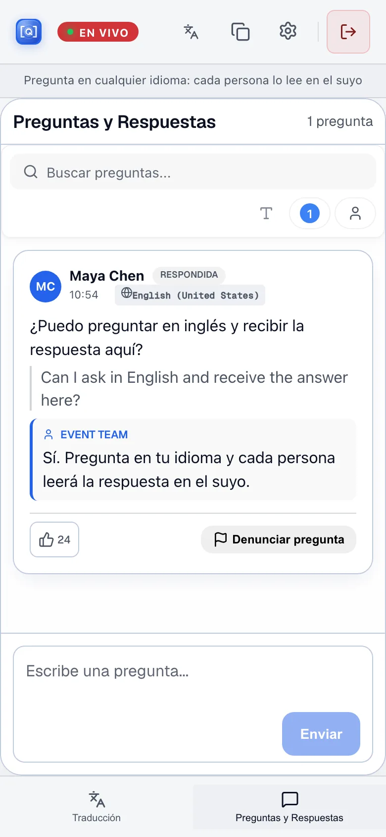 Audience Q&A open in a phone browser: a question asked in Spanish with the speaker's answer beneath it