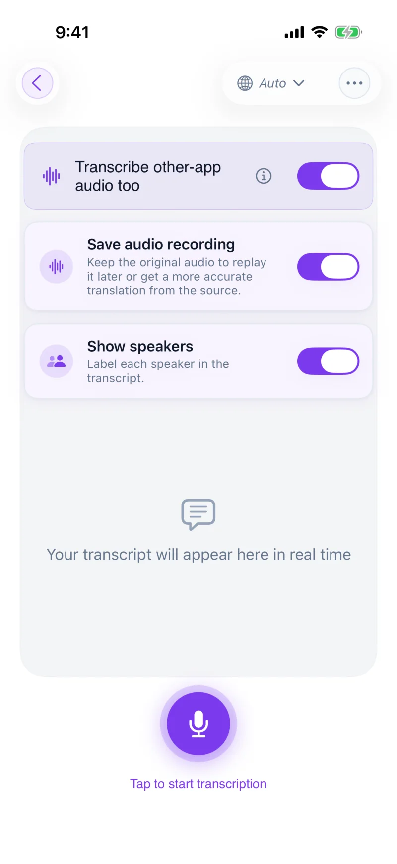 iPhone showing the transcription setup with "Save audio recording" and "Show speakers" switched on