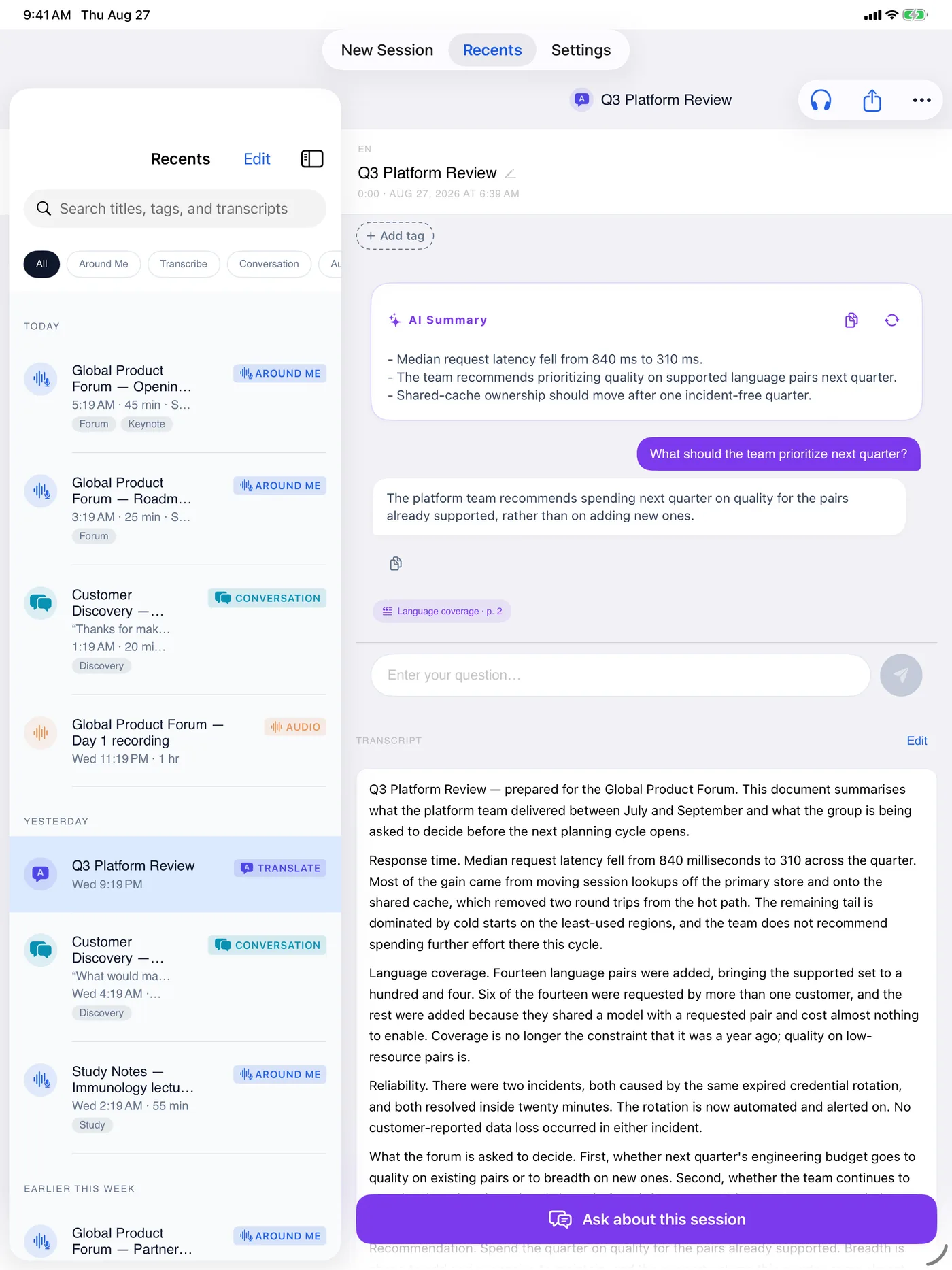 iPad showing a document's AI summary, a question, its answer, and a citation naming the section and page