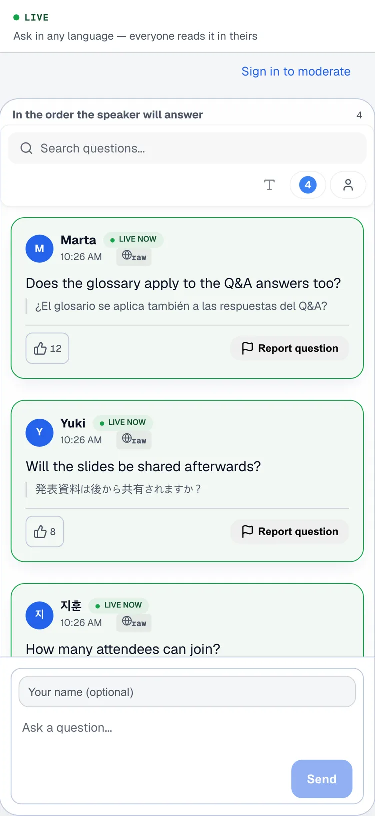 The attendee's question list in a browser. Each question shows the reader's own language first and the language it was asked in underneath, with an upvote count.