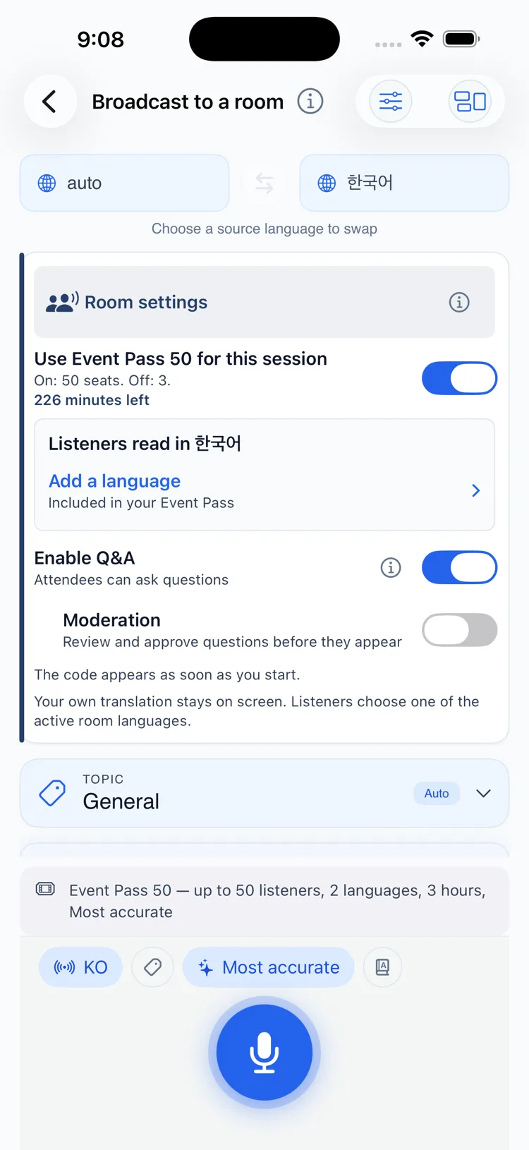 The host screen for a room: an Event Pass applied with its seat count and remaining minutes, the language listeners read in, and the Q&A switch with its moderation option.