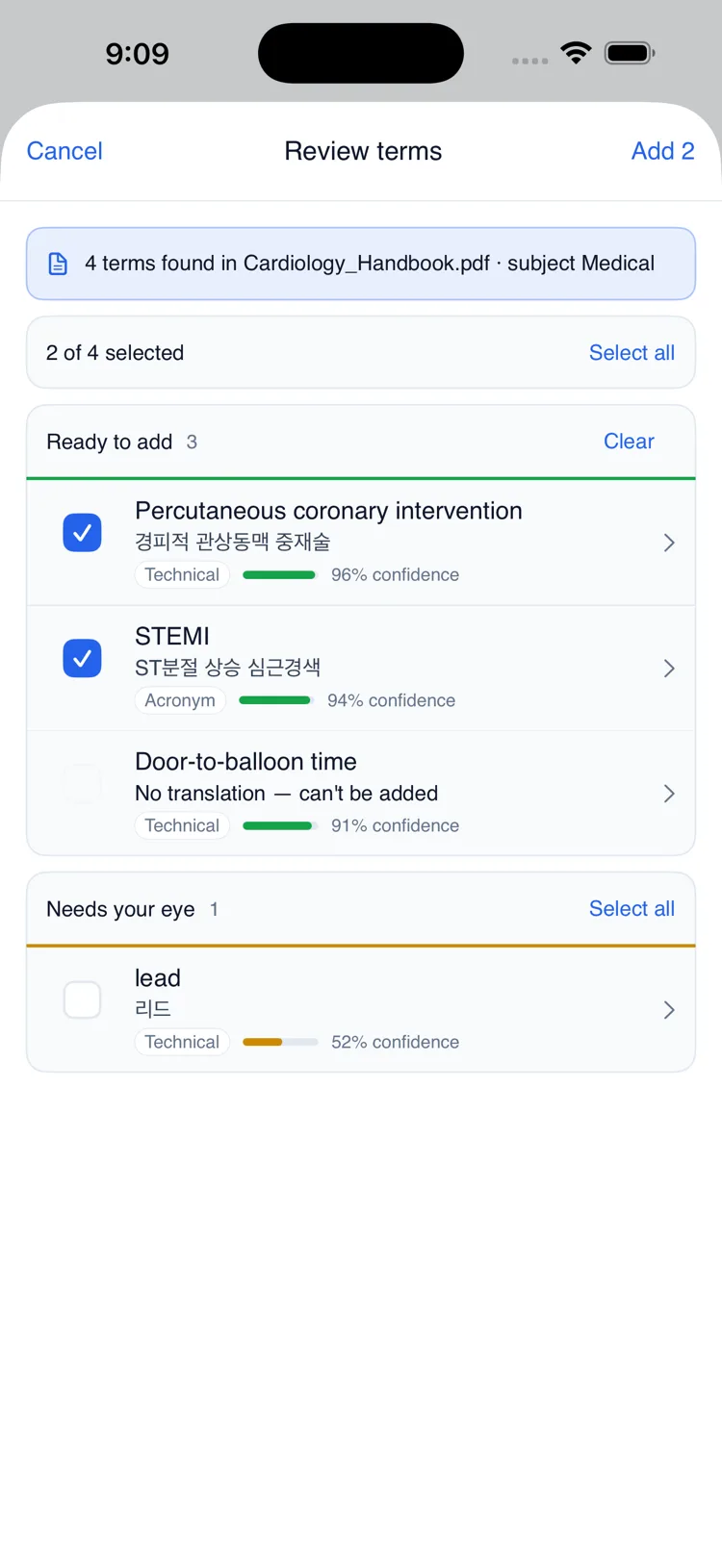 The glossary review screen: terms found in an imported document, each with a confidence score and a check box, and a group set aside as needing a closer look.