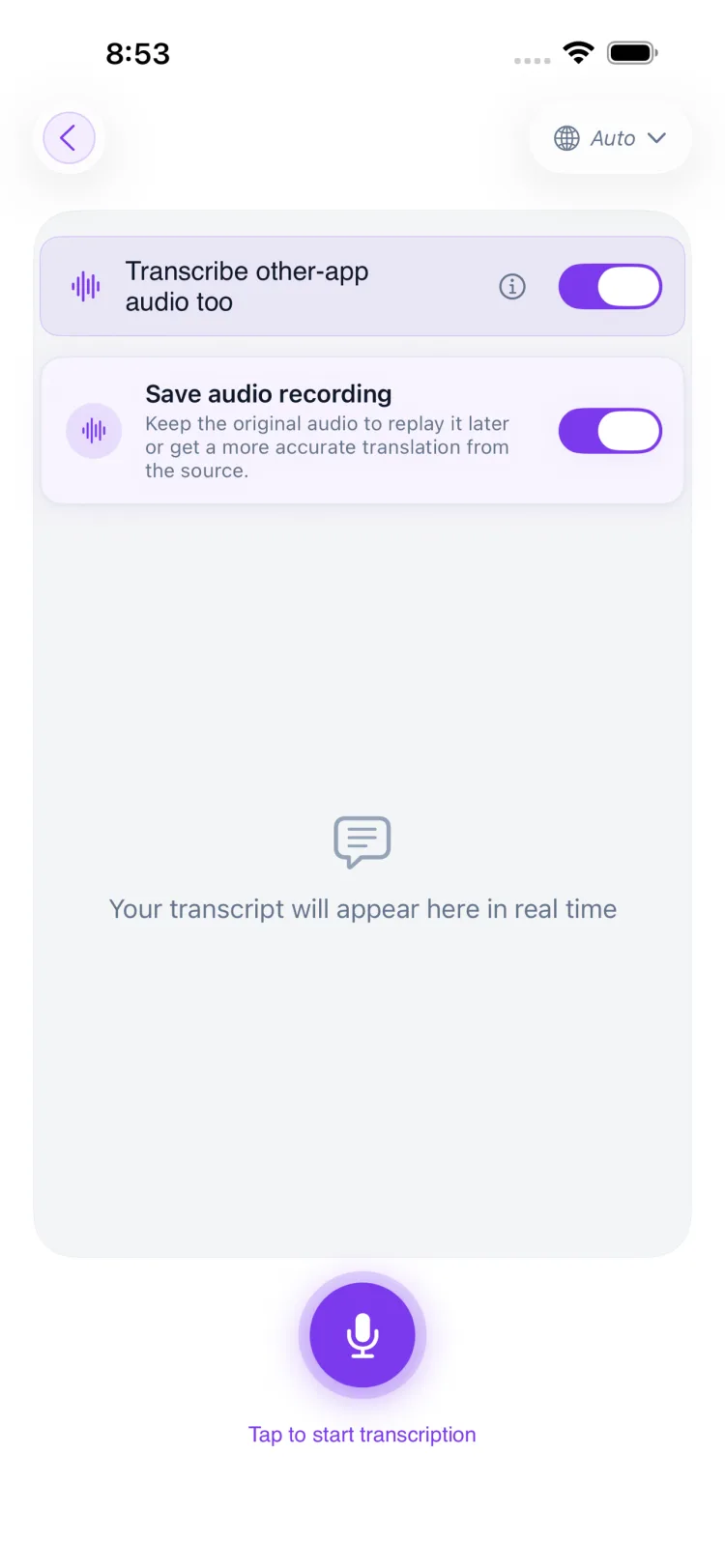 Transcribe screen waiting to turn live speech into text