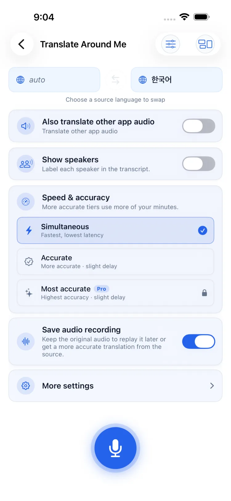 Translate Around Me screen with a language selector and speed settings
