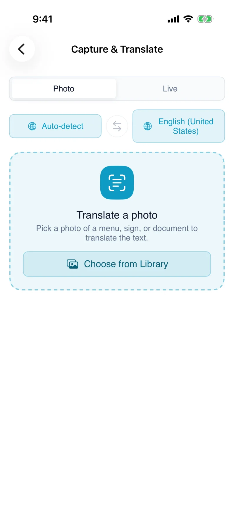 iPhone showing "Capture & Translate" with "Choose from Library", ready to translate a photo