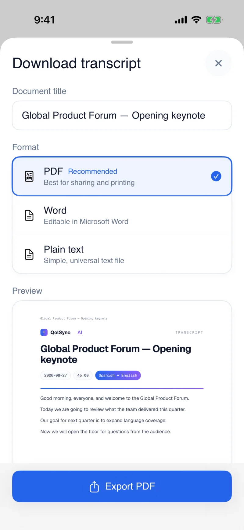 iPhone showing the "Download transcript" sheet with PDF, Word, and plain text formats