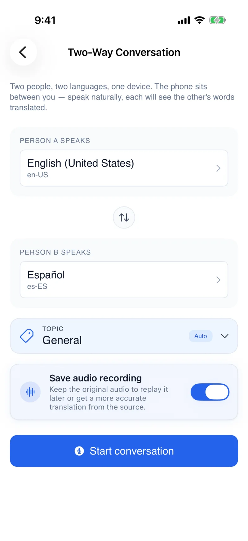 iPhone showing the two-way setup: English for person A, Spanish for person B, and "Start conversation"