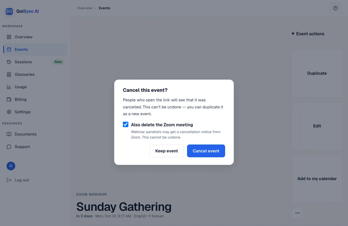 The cancel dialog with “Also delete the Zoom meeting” checked